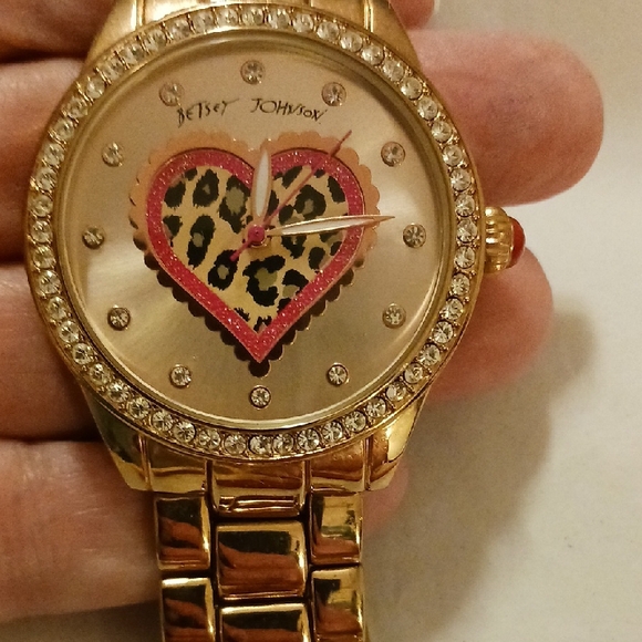 Betsey Johnson Gold Watch with Pink Heart Design - Picture 2 of 8